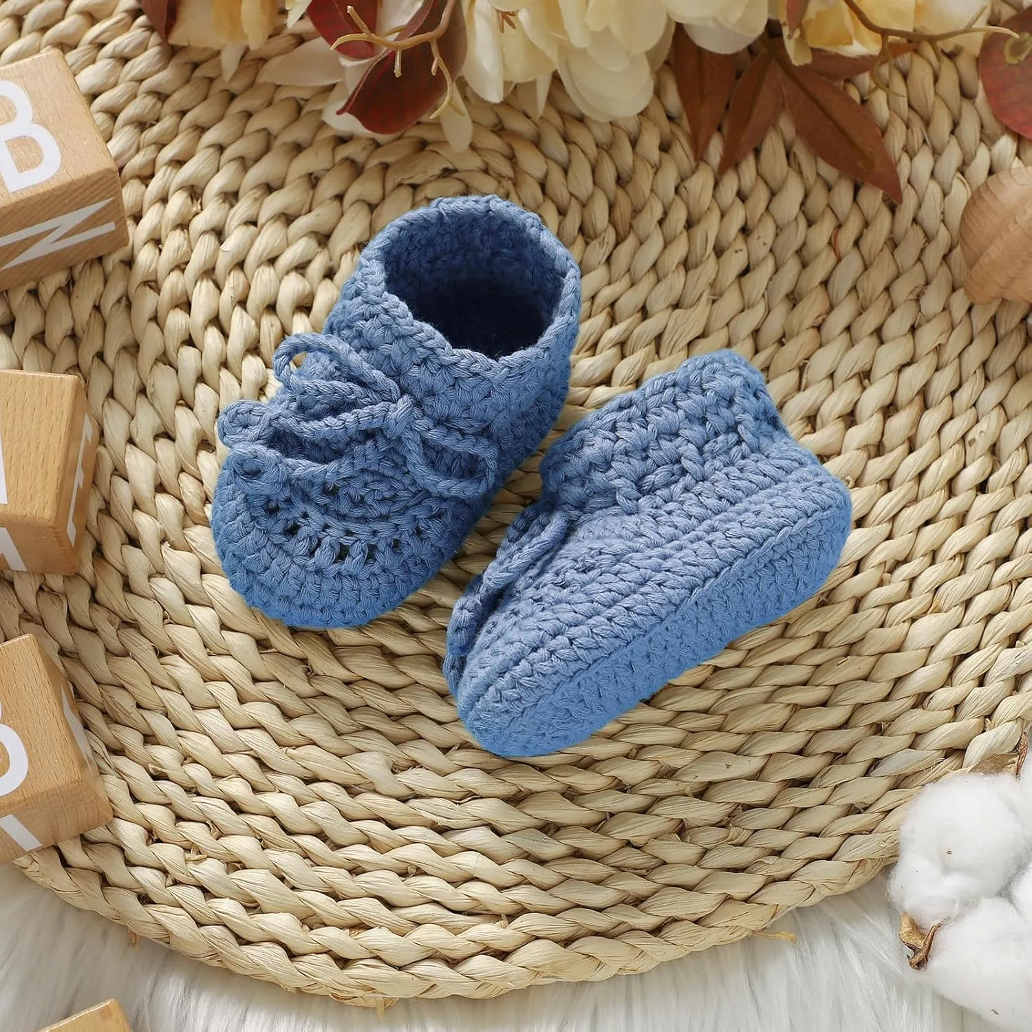 Hadetoto Baby Booties Hand Crochet Knit Cotton Bootie Soft Cozy Warm Socks Shoes Newborn First Walkers for Infant Boy Girl