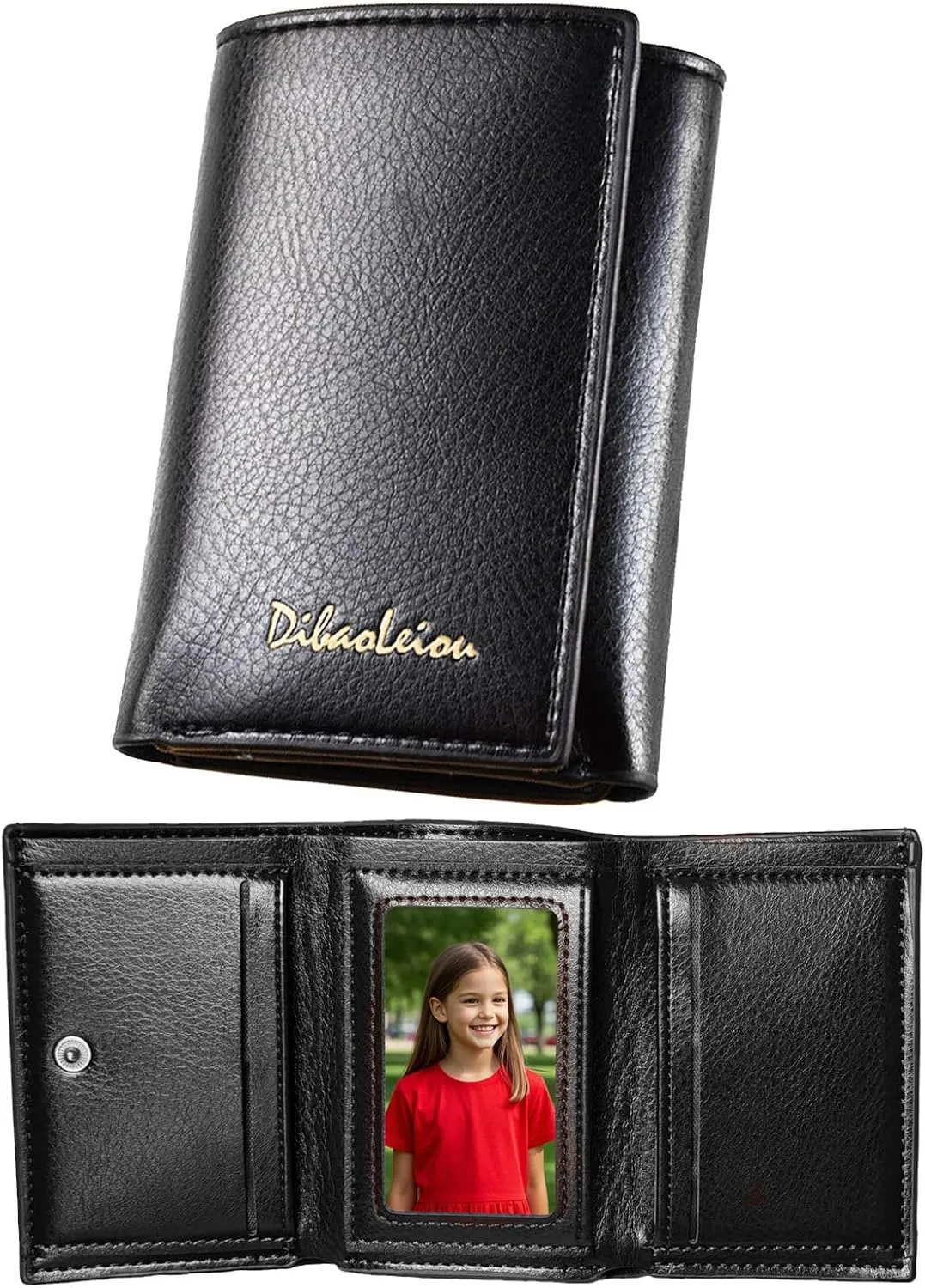 Men Women Wallet Trifold Soft Leather 4 Card Holder 2 Money Pockets with Photo Window Mother Kids Girl Gift