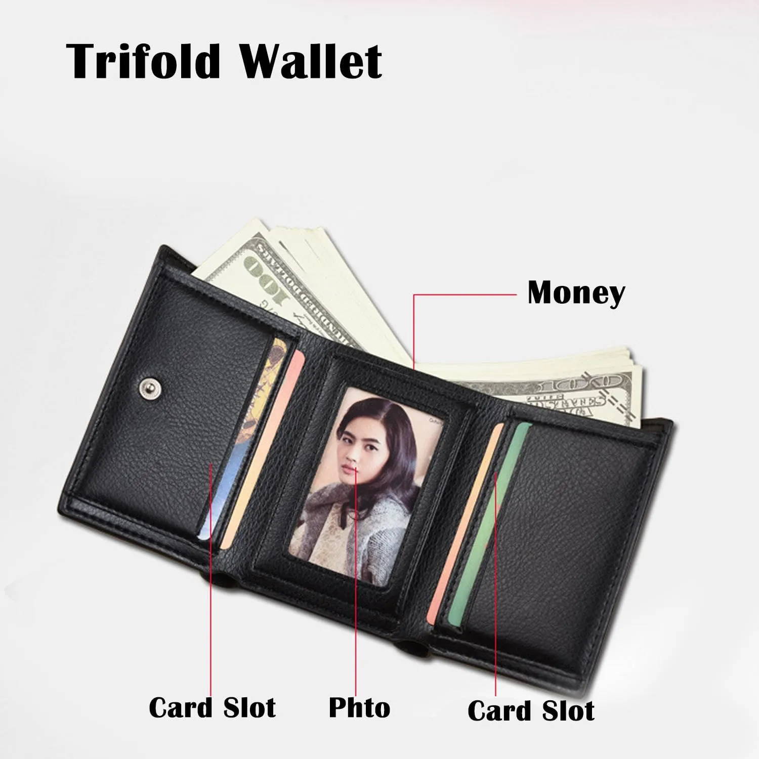 Men Women Wallet Trifold Soft Leather 4 Card Holder 2 Money Pockets with Photo Window Mother Kids Girl Gift