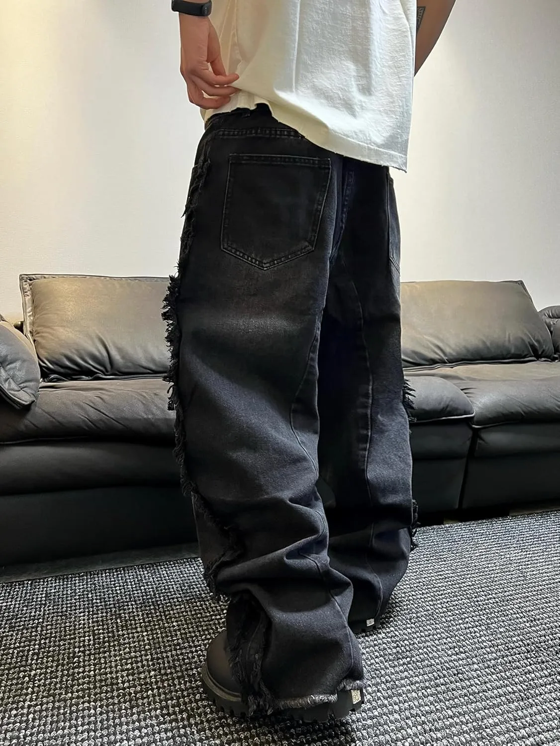 Mens Baggy Jeans Street Rock Style Fringe Frayed Edges Jeans Patchwork Wide Leg Skater Denim Pant