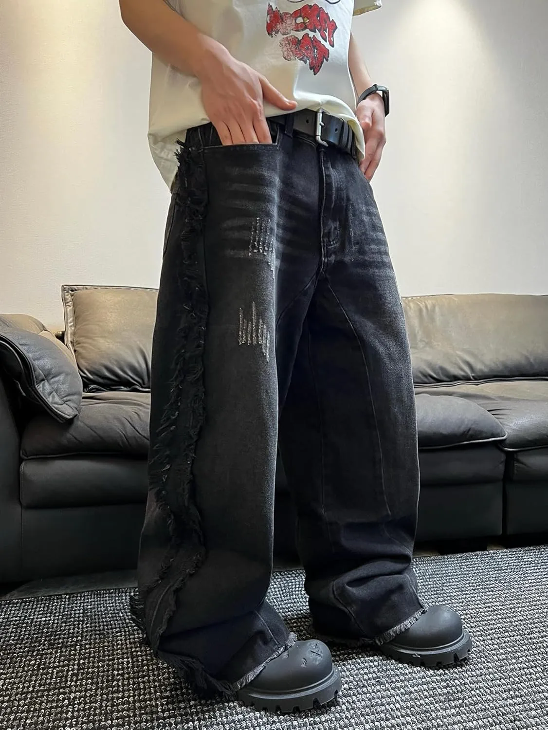 Mens Baggy Jeans Street Rock Style Fringe Frayed Edges Jeans Patchwork Wide Leg Skater Denim Pant
