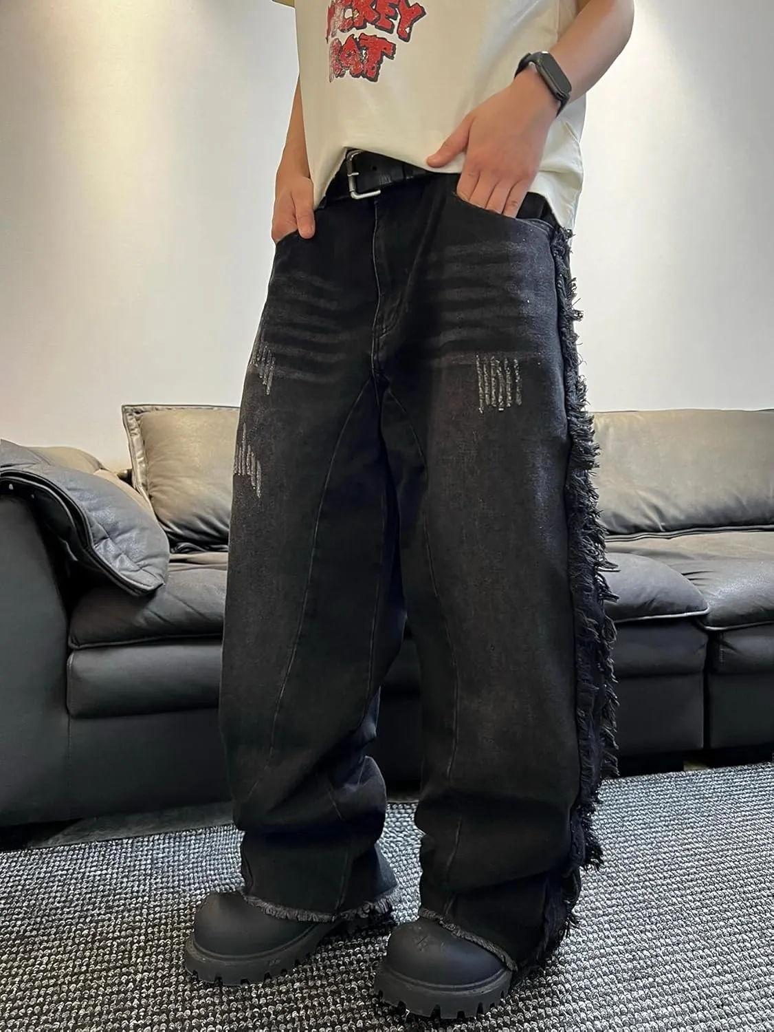 Mens Baggy Jeans Street Rock Style Fringe Frayed Edges Jeans Patchwork Wide Leg Skater Denim Pant