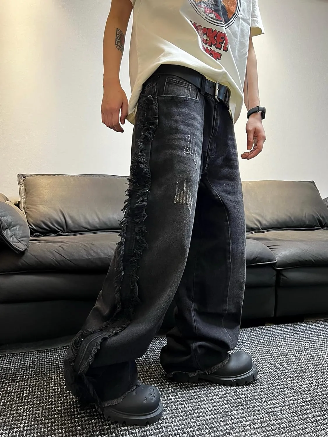 Mens Baggy Jeans Street Rock Style Fringe Frayed Edges Jeans Patchwork Wide Leg Skater Denim Pant