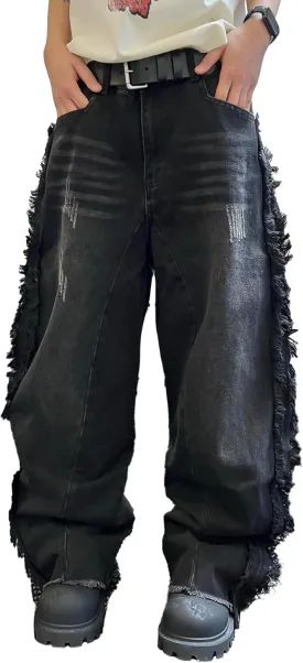 Mens Baggy Jeans Street Rock Style Fringe Frayed Edges Jeans Patchwork Wide Leg Skater Denim Pant