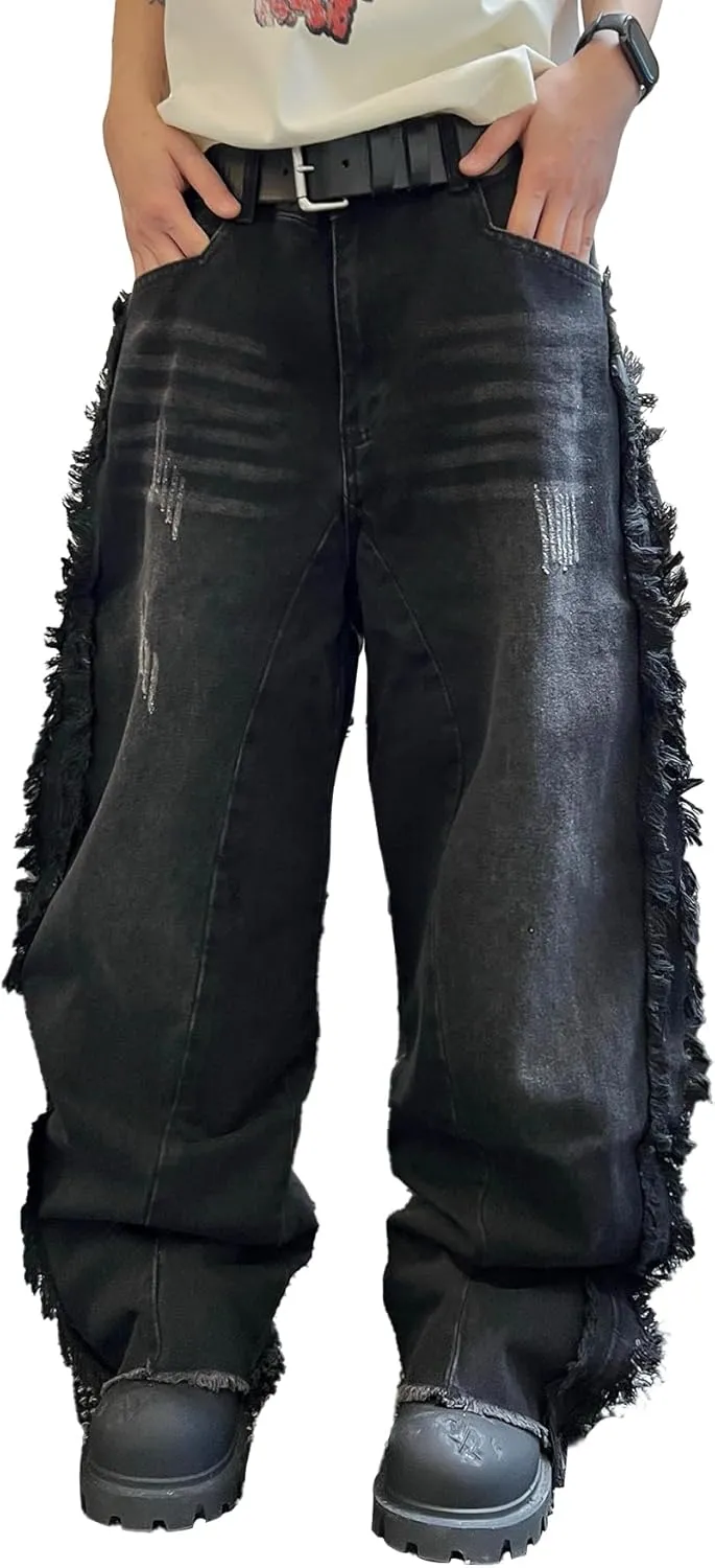 Mens Baggy Jeans Street Rock Style Fringe Frayed Edges Jeans Patchwork Wide Leg Skater Denim Pant