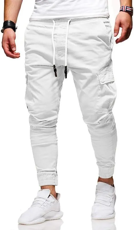 Men's Casual Pants - Cotton Chino Cargo Pants for Hiking and Outdoor Recreation, Drawstring Sweatpants in Twill Track Jogging