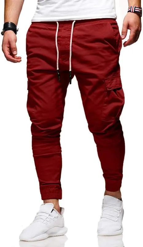 Men's Casual Pants - Cotton Chino Cargo Pants for Hiking and Outdoor Recreation, Drawstring Sweatpants in Twill Track Jogging