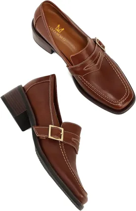 MOOMMO Women Brown Chunky Heel Penny Loafers Square Toe Buckle Slip On 2" Stacked Block Heel Dress Loafers Oxfords Office Ladies Comfortable Vintage Loafer Pumps Matte Tan Size 8.5 M US